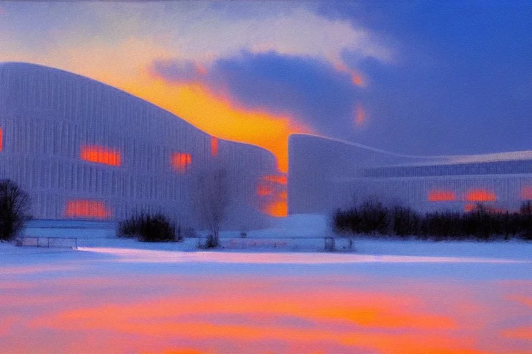 Sunset, winter, Futuristic buildings in the ice, tendency to science fiction, impressionism painting