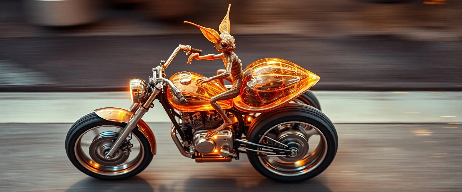 sparks blazing, seen from above, tattoo style, motion blur, airbrush art, transparent giger ant gremlin predator riding hands on an awesome roadster bike with three back wheels, spaceship in copper, fast one in the shape of a transparent snail , now its gonna do an awesome gig , bokeh like f/0.8, tilt-shift lens 8k, high detail, smooth render, down-light, unreal engine, prize winning