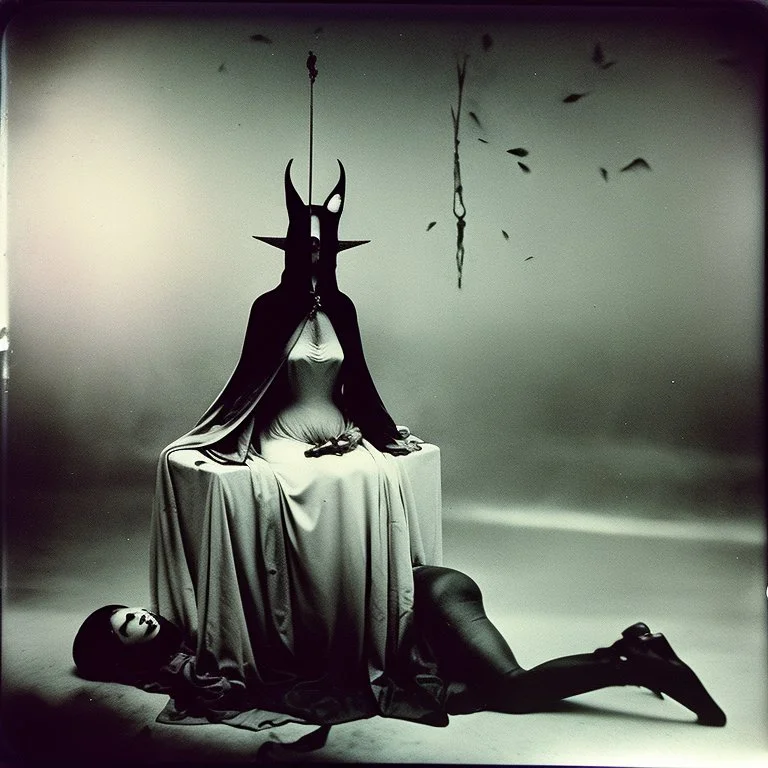 Photorealistic polaroid nothingness and distressing anguish desperate figure Hieronymus Bosch night, shot on Hasselblad, movie shot, details of the dress accentuated, nightmare, hypermaximalist, obsessive, hypnotic, Yves Tanguy