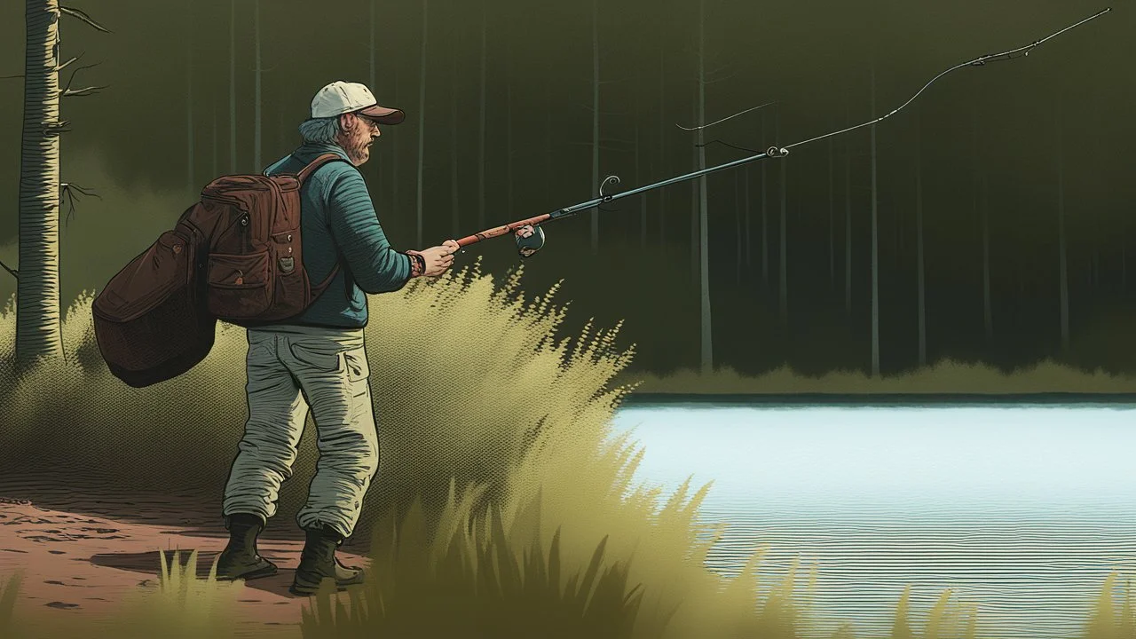 a man catching a sea monster with his fishing rod, cartoon style Simon Stålenhag