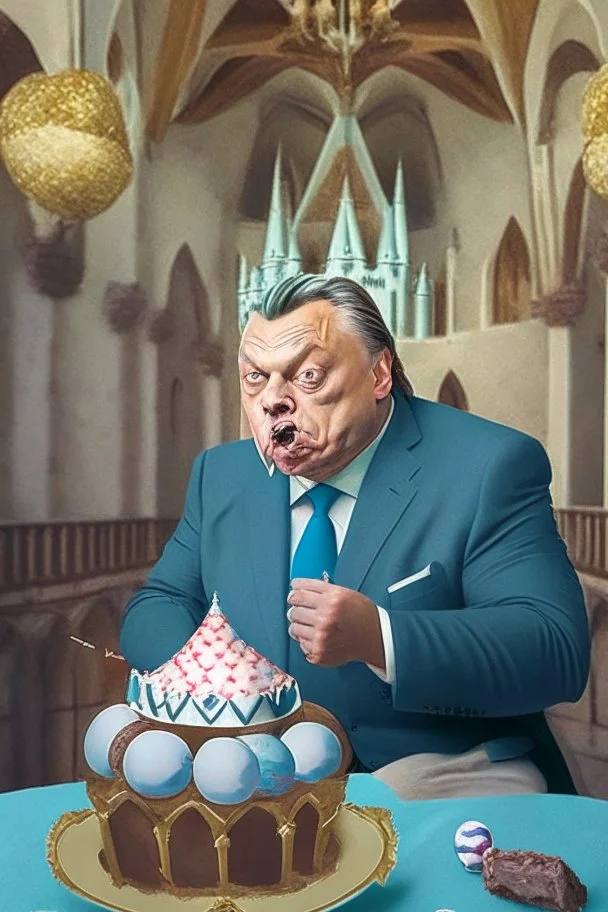 ugly viktor orban in a suite eating birthday cake in a castle. There are soccer balls around