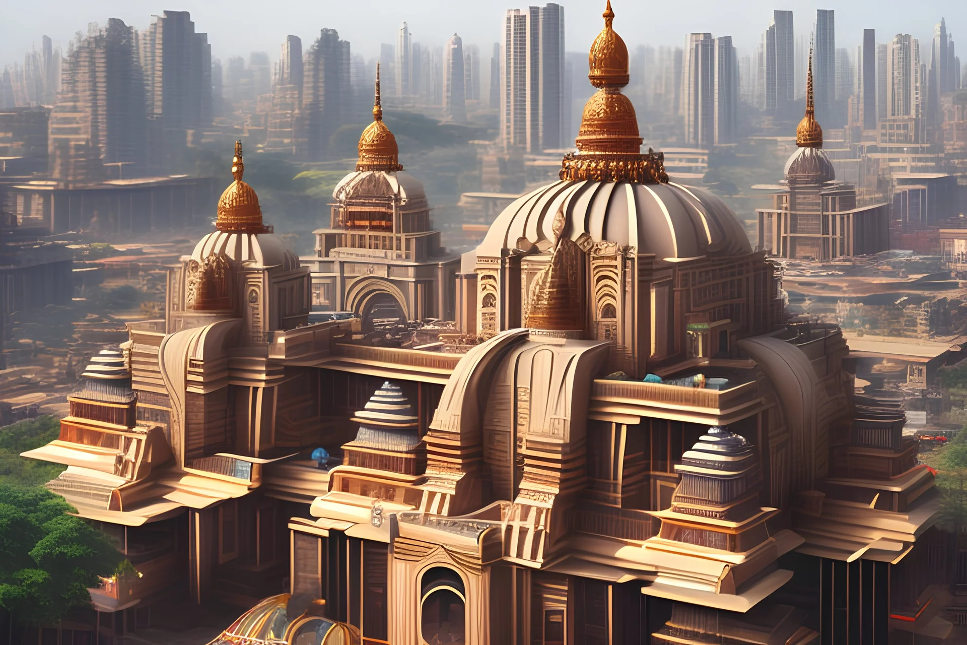 Grand scale Indian city, modern futuristic, inspired by hindu Architecture, show skyline, entire city, modernized glass structures with hint of hindu Architecture desgins