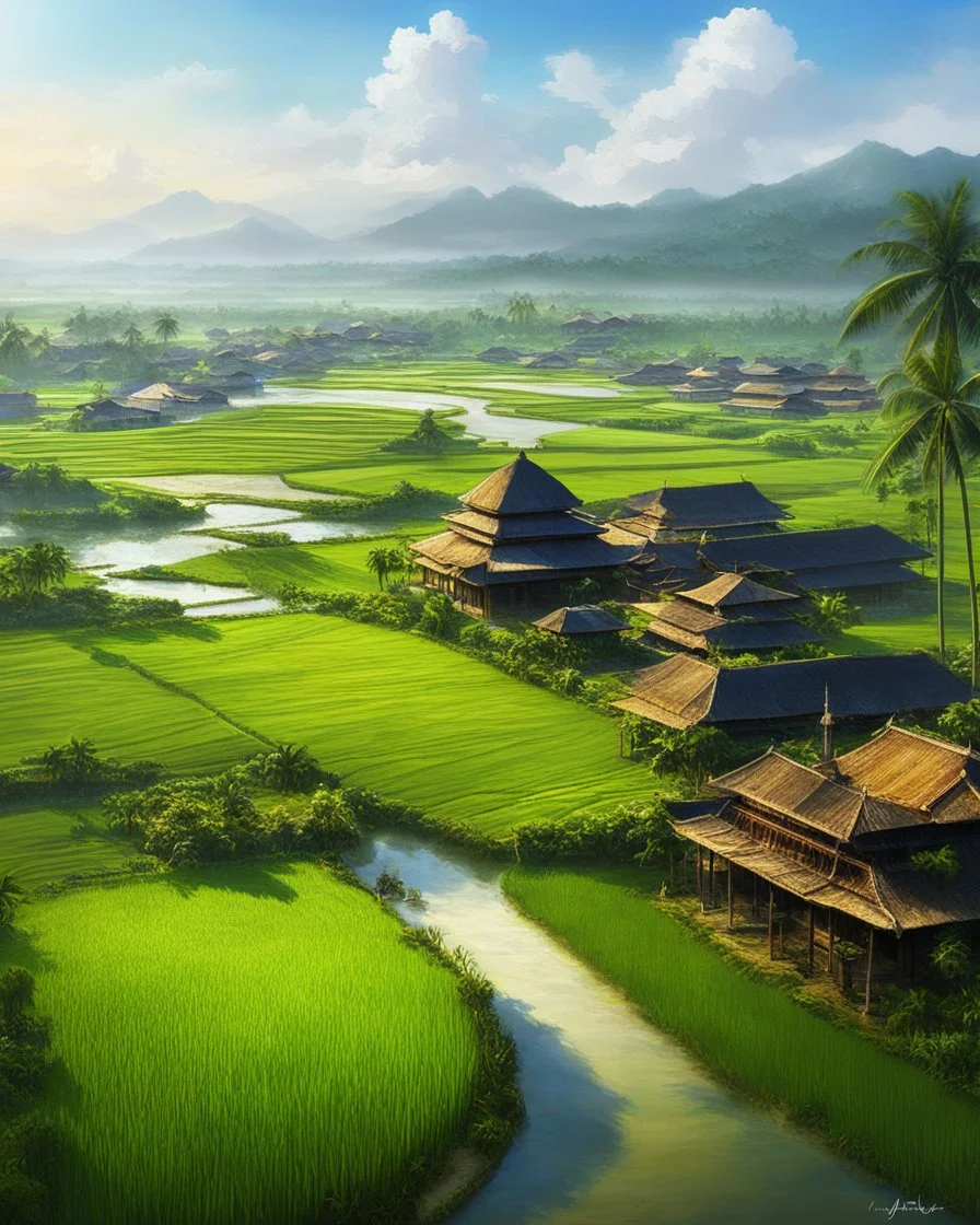 Beautiful Digital Painting art Indonesia village and islamic Mosque,surrounded rice paddy fields