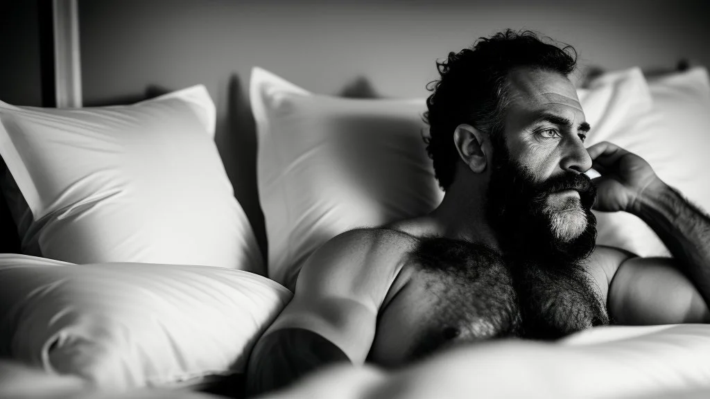 portrait photography of a serious 49 years old burly sicilian redneck, relaxing over the bed in underwear, head on the pillow, emotive eyes, manly hairy chest, bulge, into a dark modest and intimate hotel, midnight, photographic, Canon EOS, 35mm lens, dim top lights, 8K lateral view , ambient occlusion , dim light