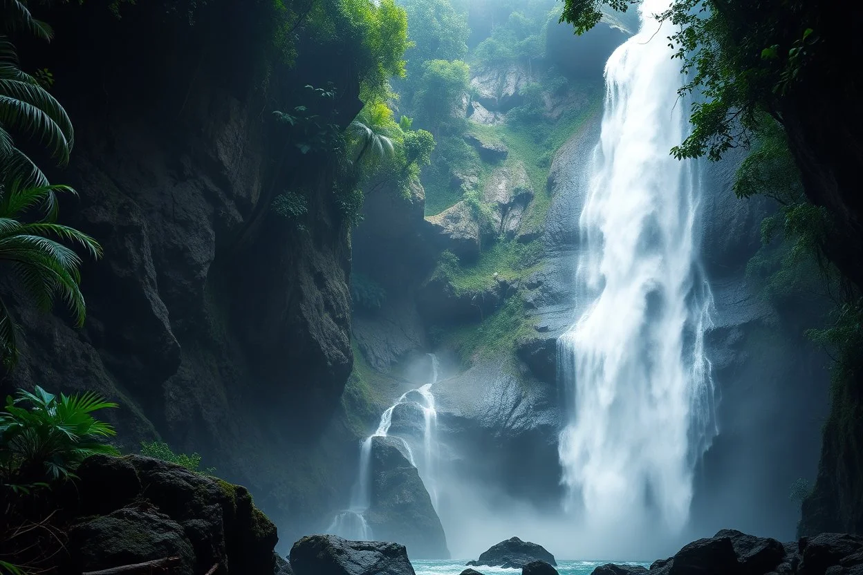 Ultra realistic documentary photography of a massive natural waterfall deep inside a tropical rainforest, powerful cascading water, dramatic rock formations, dense exotic vegetation, realistic jungle environment, natural mist created by the waterfall, soft sunlight penetrating through the trees, untouched wilderness, National Geographic style, professional landscape photography, shot with a professional DSLR camera, ultra photorealistic, highly detailed, realistic lighting, HDR, RAW photo, maste
