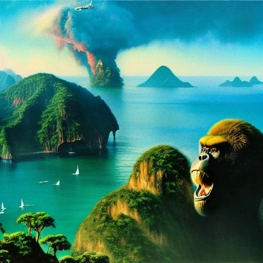 Drawing of 'King Kong on Skull island',aerial view, painting by Earl Norem, simon Bisley,frazetta,西嘛哒, evan lee, Vallejo,kelly oil on canvas, cinematic composition, extreme detail,fit full head inside picture,8k