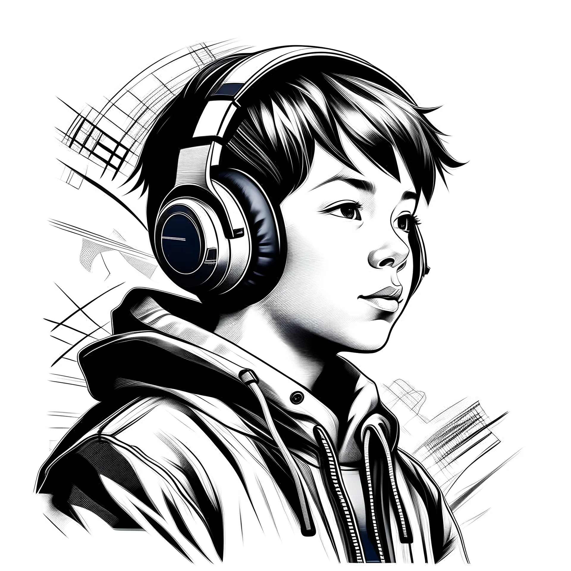 Illustration sketch of boy in music with headphone