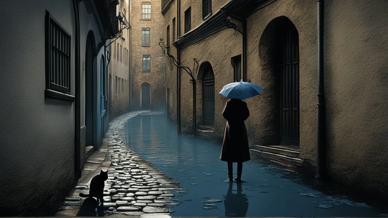 A cobbled alleyway, framed by stone arches, was almost empty save for a cat that slowly crossed, indifferent to the rain. In one corner, a woman in a blue coat waited under a black umbrella, her boots sinking slightly in the accumulated water.