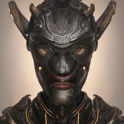 "Organic bionic African male cyborg, alien mask openings, filigree, iridescent metal, shiny, neon, LEDs, diffuse lighting, african print leather with fur black and white fantasy, intricate, elegant, highly detailed, lifelike, photorealistic, dramatic makeup, digital painting, illustration, concept art