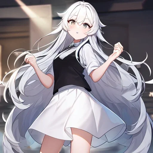 Clear focus, High resolution, Rough line, cute, cartoon style, black long hair, fluffy hair, long locks, spiky hair, wearing a white shirt with a black vest, wearing a white collar and a grey bow, wearing a white skirt