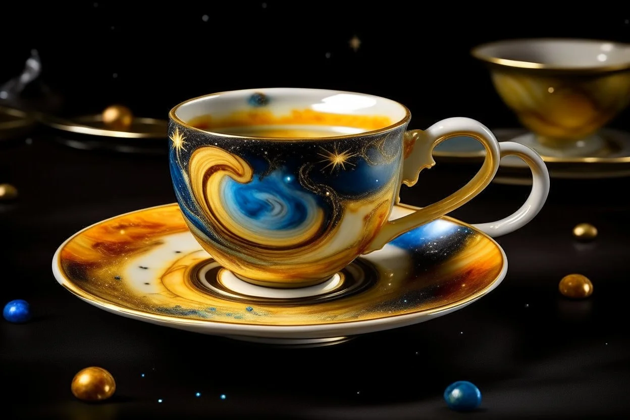 A universe swirling in a beautiful gold rimmed porcelain coffee cup, with planets, stars, steam, masterpiece, in sunshine