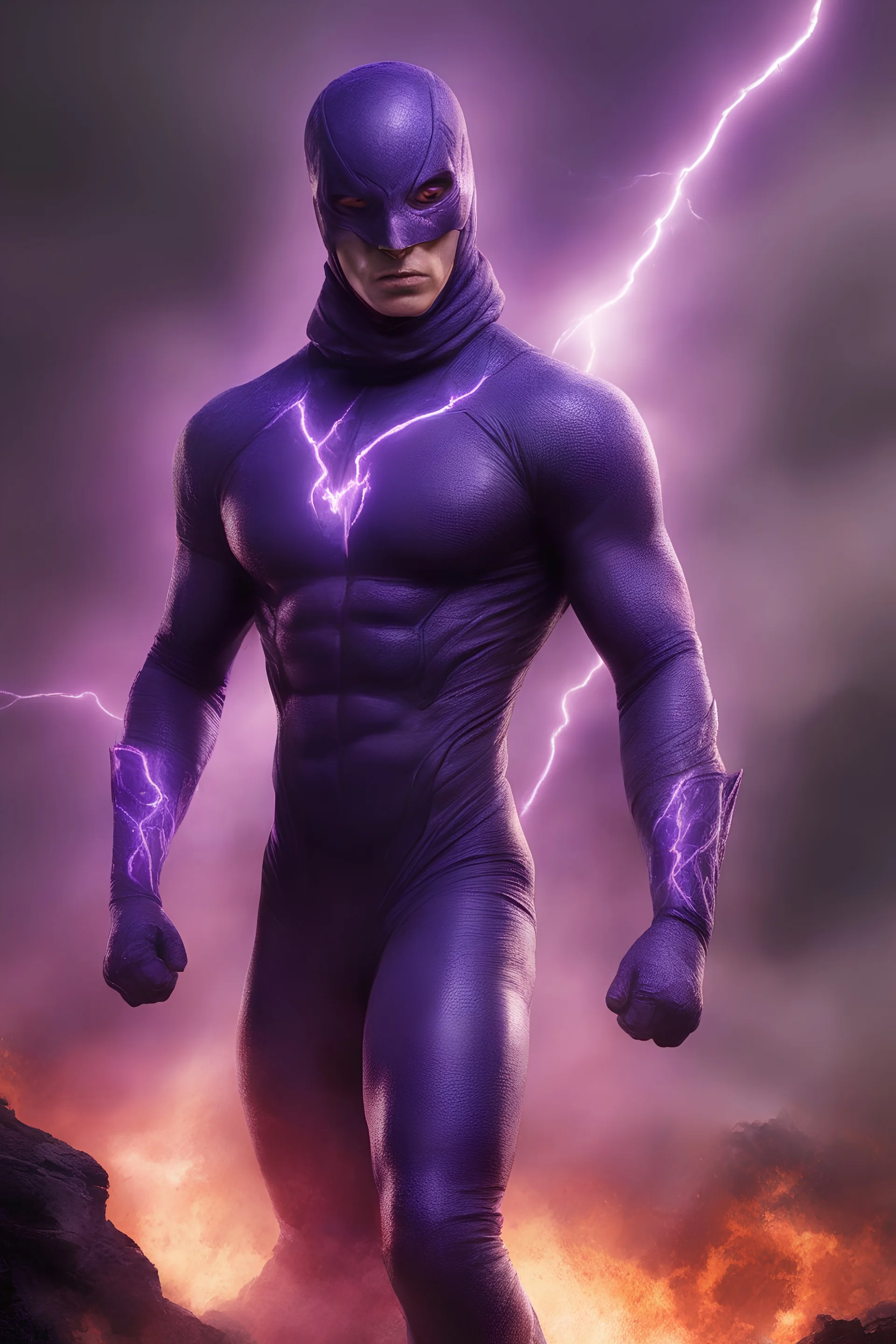 Kit Walker aka THE PHANTOM, Strong, athletic physique, action poses, wearing a skin-tight, formfitting purple bodysuit with a skin-tight, formfitting purple cowl, black eye disguise, battle scars, blood, foggy, cloudy background, multicolored lightning, flowing lava, Full Eclipse, aliens, explosions, bright, vibrant, extremely colorful, detailed, blood red skies