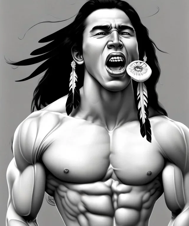 native american warrior, long black hair, big muscles, looking up, mouth wide open, scream face, shirtless