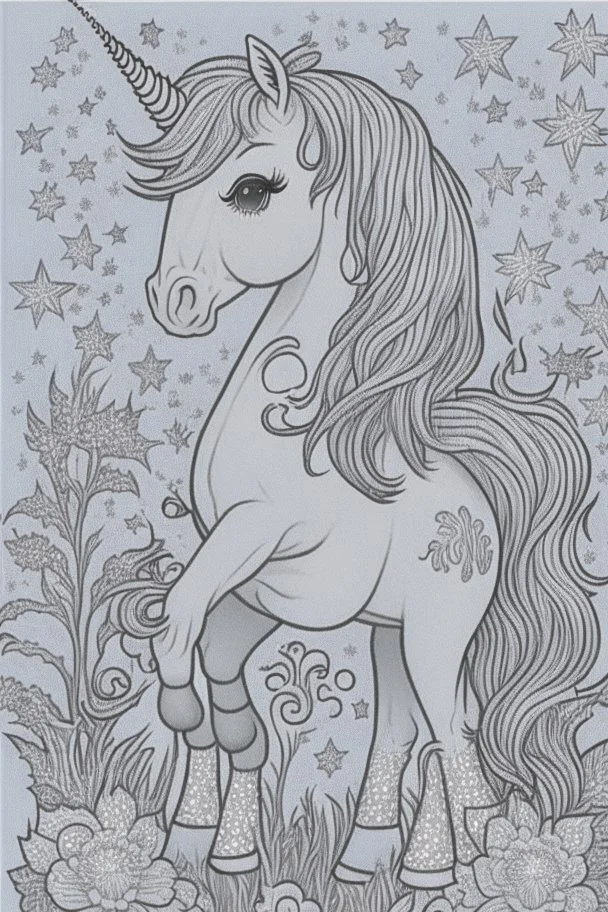 coloring book page of a magical cute unicorn,monochrome, black and white, sharp, sketch drawing