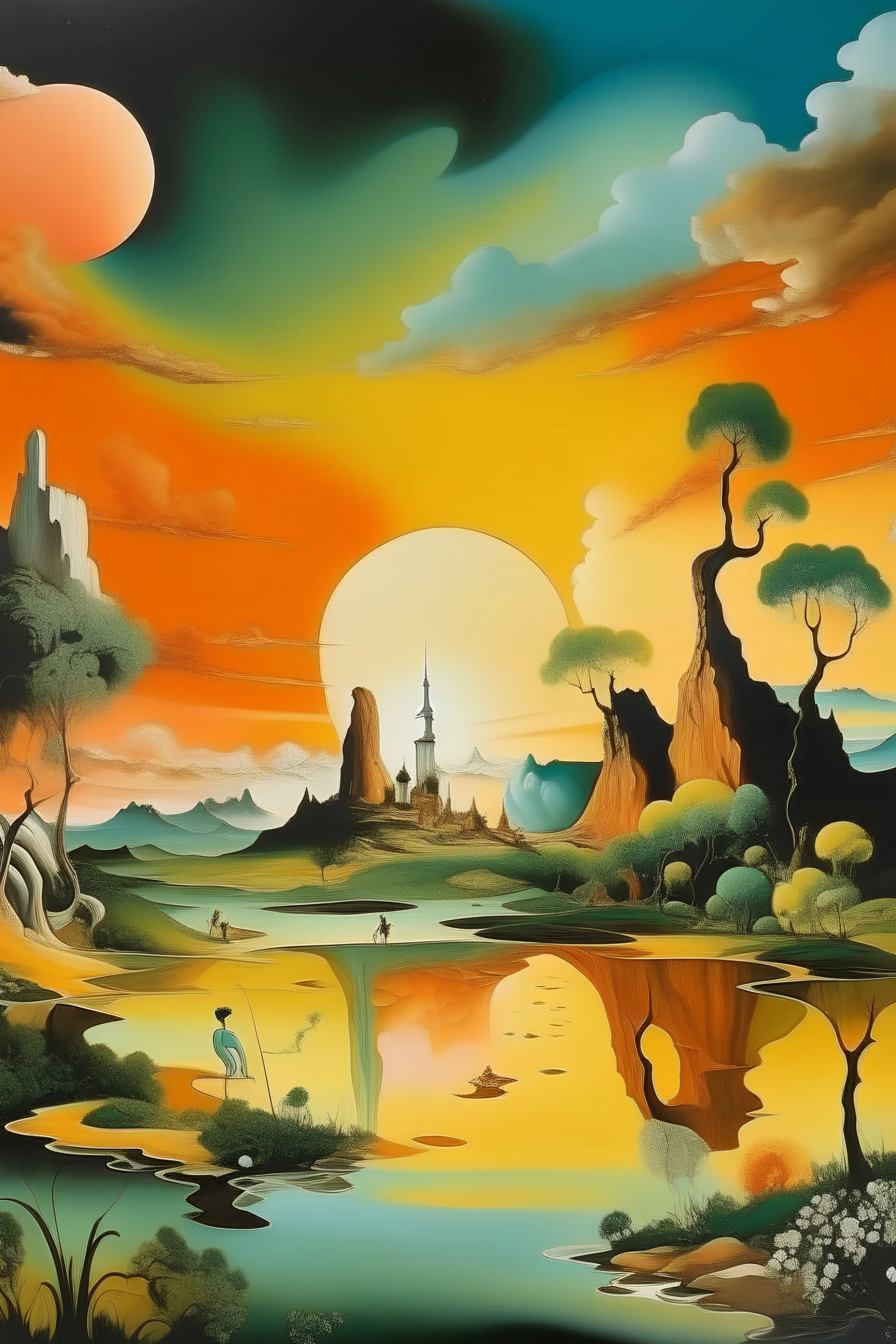 generame una pintura de un paisaje veraniego al estilo de Salvador Dalí