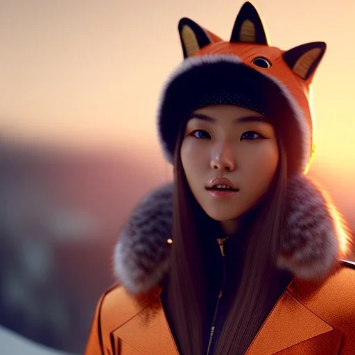 mdjrny-v4 style, cute asain girl wearing a fox hat by greg rutkowski and Guwiez, depth of field, cinematic lighting, 8k uhd, redshift render