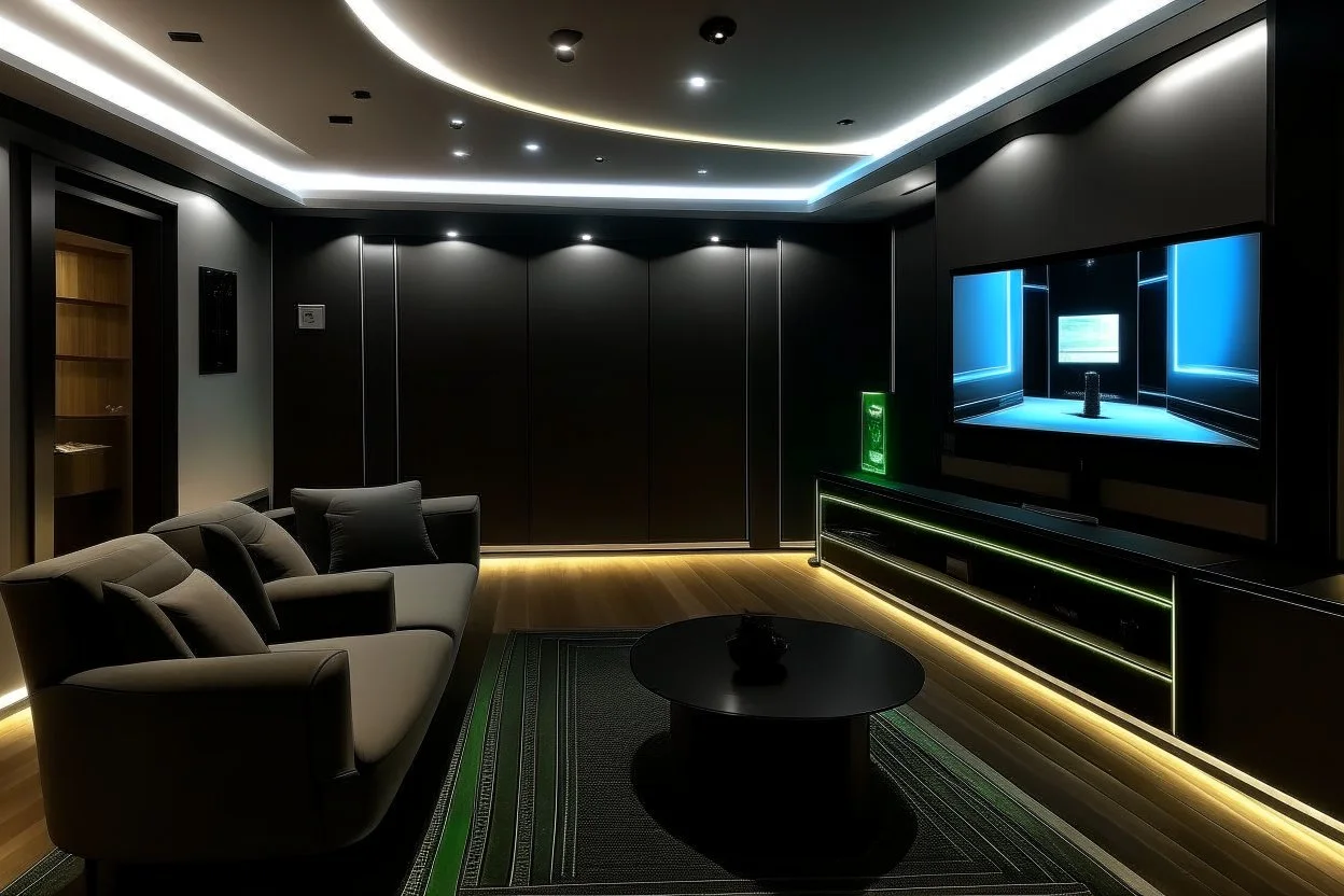 a dedicated home cinema room with LED ambient lighting in the walls