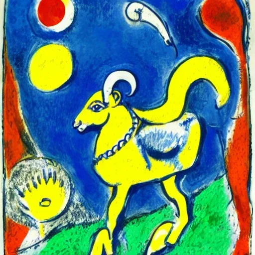 Marc Chagall style illustration of blue and yellow Bighorn Ram holding a football