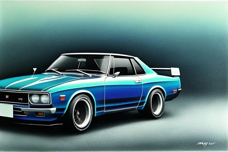 a true-to-life 1971 nissan skyline 2000 gt-r, classic drift wheels, detroit steel wheels, pen and color marker, centered, intricate, extreme detailed, photorealism, center view, random background, pivot on nissan, painting by cheryl kelley