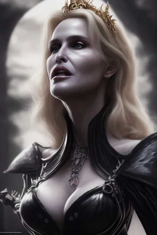 Daryl Hannah as evil queen in black leather, busty, cleavage, angry, stern look. character design by fenghua zhong. unreal engine 5, artistic lighting, highly detailed, photorealistic, fantasy