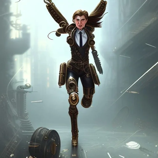 steampunk, female cyborg jumping for joy, full-body