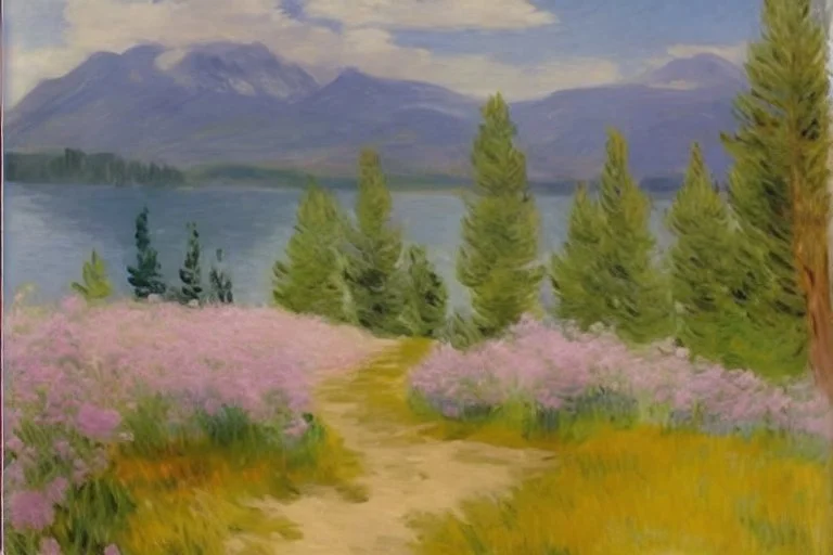 Mountains, lake, flowers, pathway, pine trees, clouds, edouard manet impressionism painting