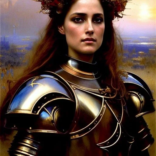 portrait beautiful face Joan de Arc,busty,ancient metal armor balanciaga fashion clothe painting by gaston bussiere, greg rutkowski, yoji shinkawa, yoshitaka amano, tsutomu nihei, donato giancola, tim hildebrandt, oil on canvas, cinematic composition, extreme detail,fit full head inside picture,16k