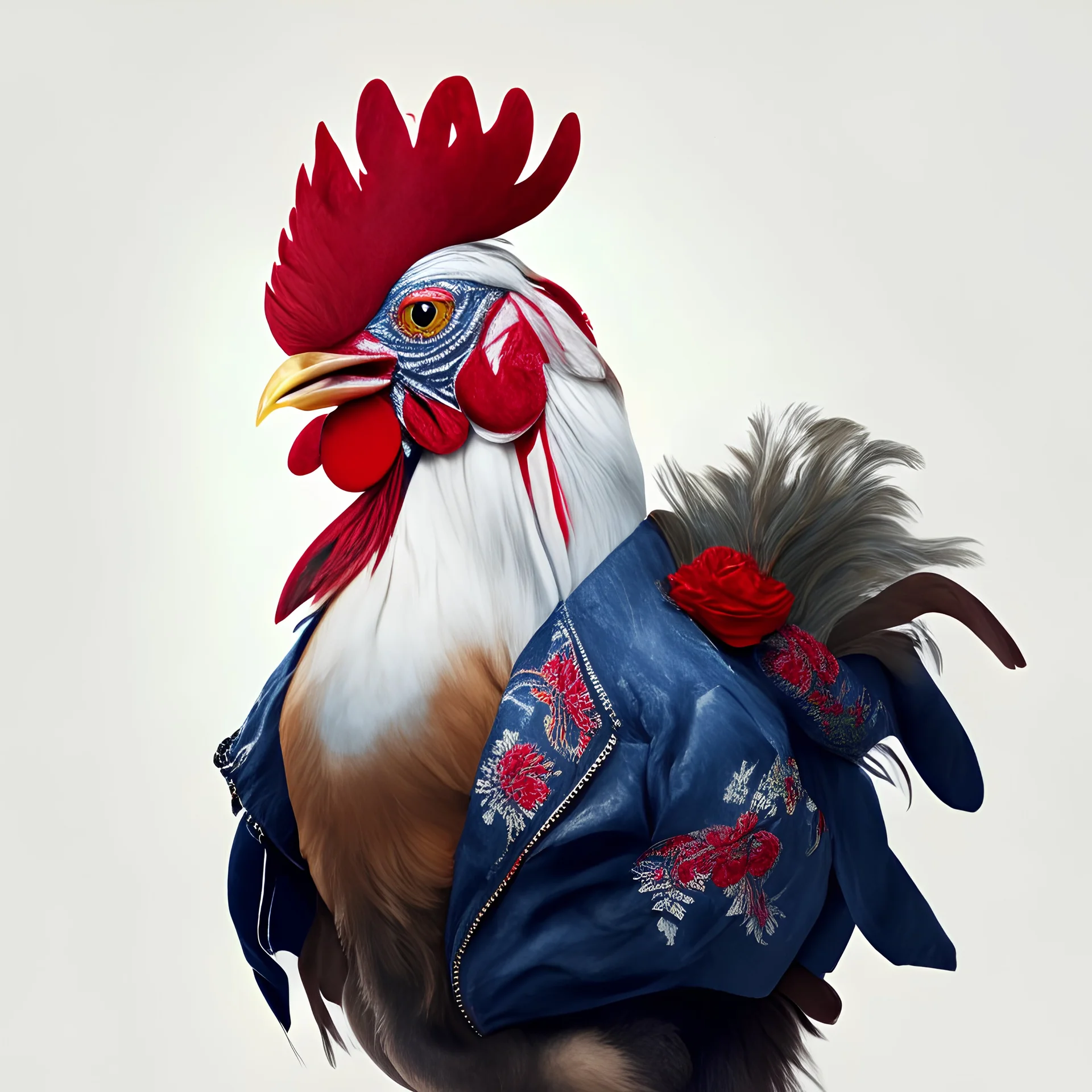 Cute rooster in a hat and jacket, gives a bouquet of red roses,