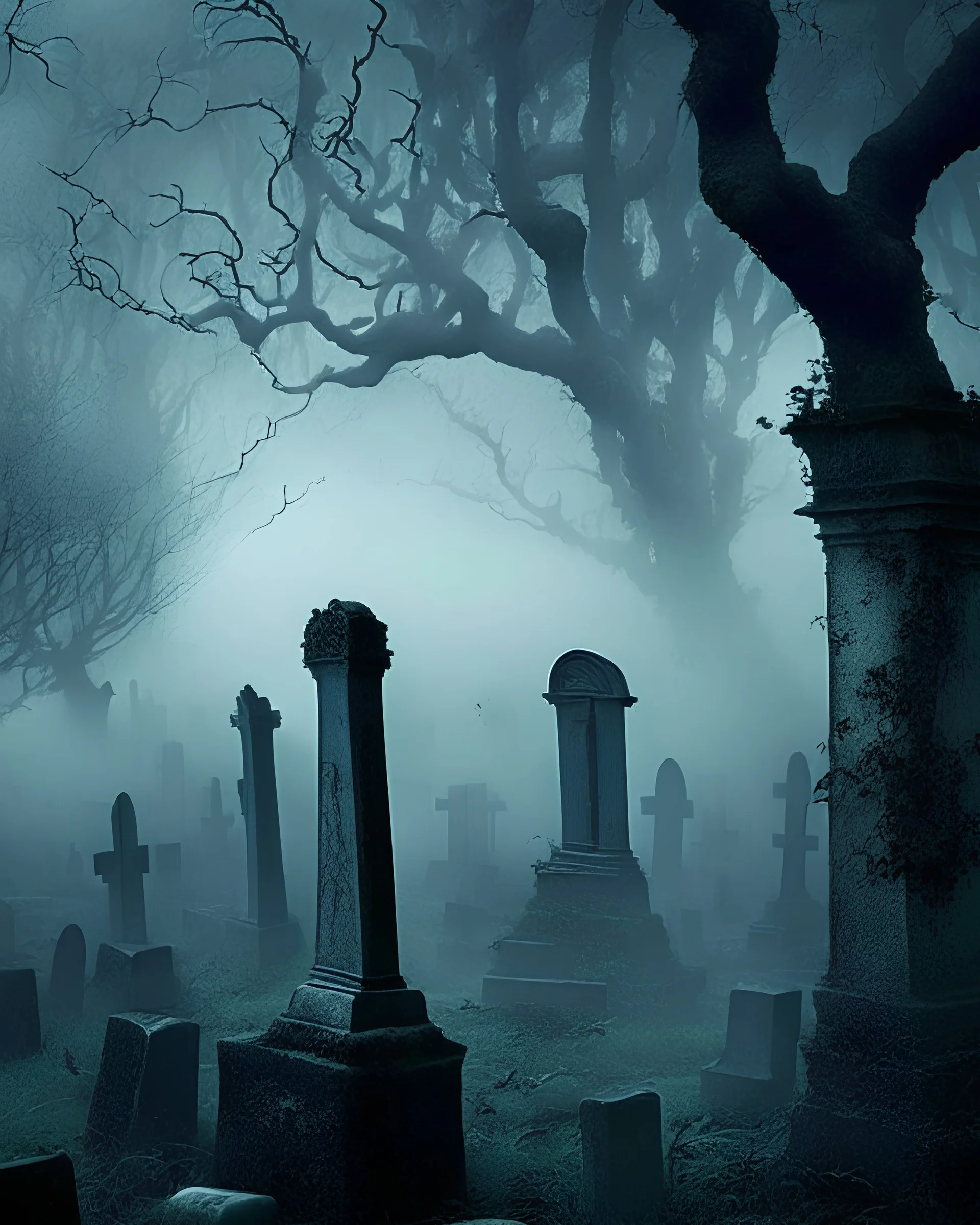 An eerie, fog-shrouded graveyard, with crumbling tombstones and gnarled trees, hiding secrets and stories long forgotten.