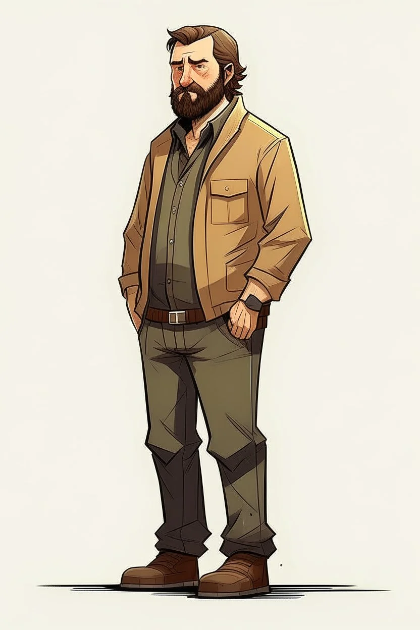 man, beard, brown hair, illustration, looking serious, full body, standing, mean,, looking sideways,