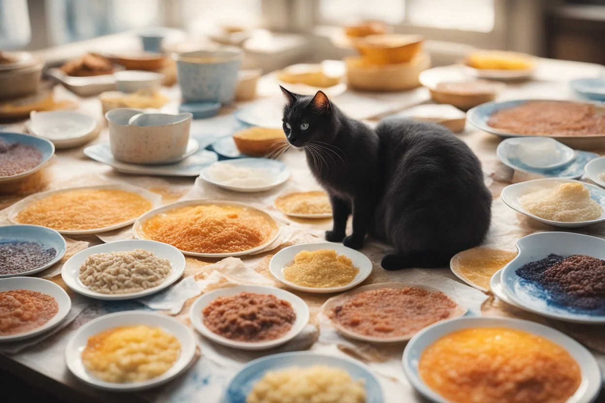 fat cat, lot of cat food in boxes and on plates, styles of Paul Klee Dee Nickerson and Tim Burton, melting watercolor and black ink outlines on wet paper, soft, shading strokes, in sunshine, ethereal, otherwordly, cinematic postprocessing, bokeh, dof