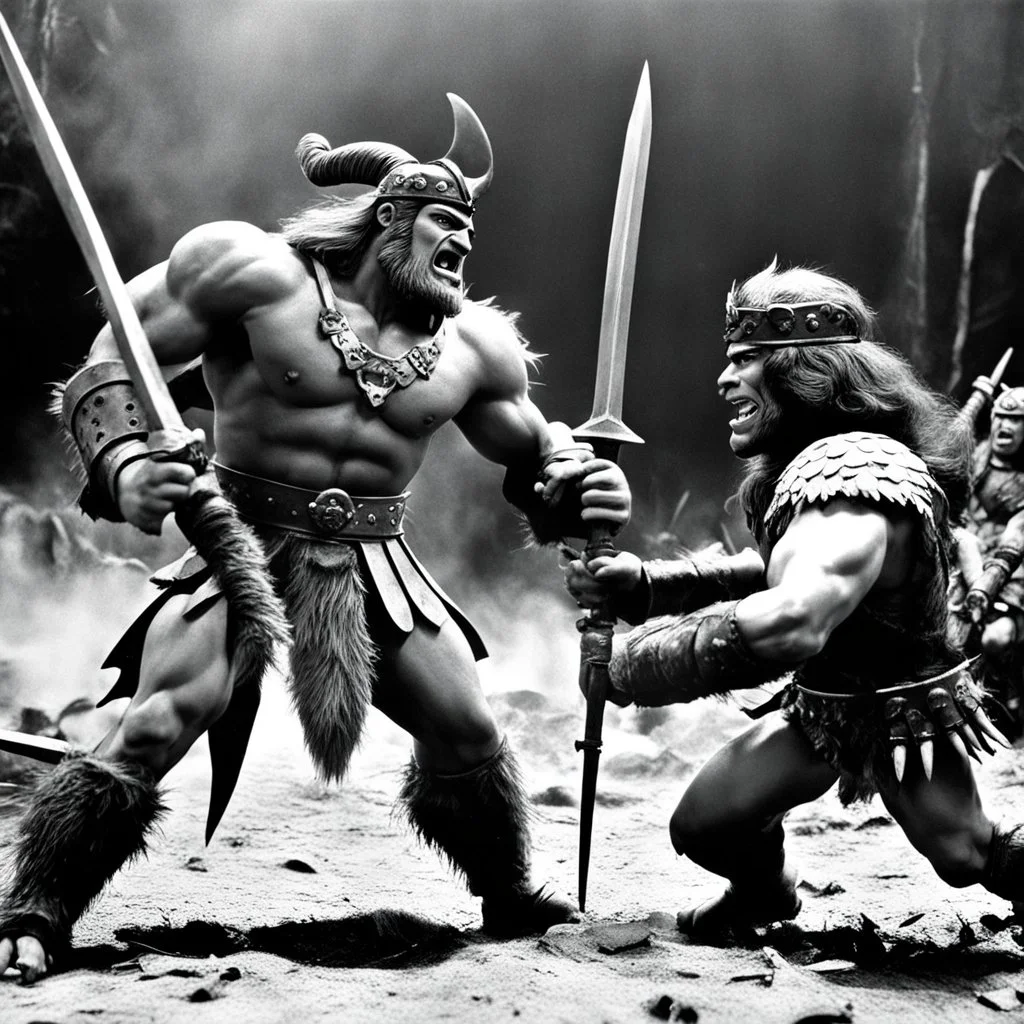 [1960’s colstop-motion animation style on the battlefield ] a 70s advertisement video TV featuring a fight begins with great intensity.The barbarian warrior uses her weapons hitting the monster severely ripping pieces of her grotesque and monstrous foe. but the monster is very strong and does not let himself be killed.he attacks with deadly fury the barbara warrior and manages to grab her embracing her with his distorted and very strong arms, full of rigid muscles.he hugs her very tightly causin