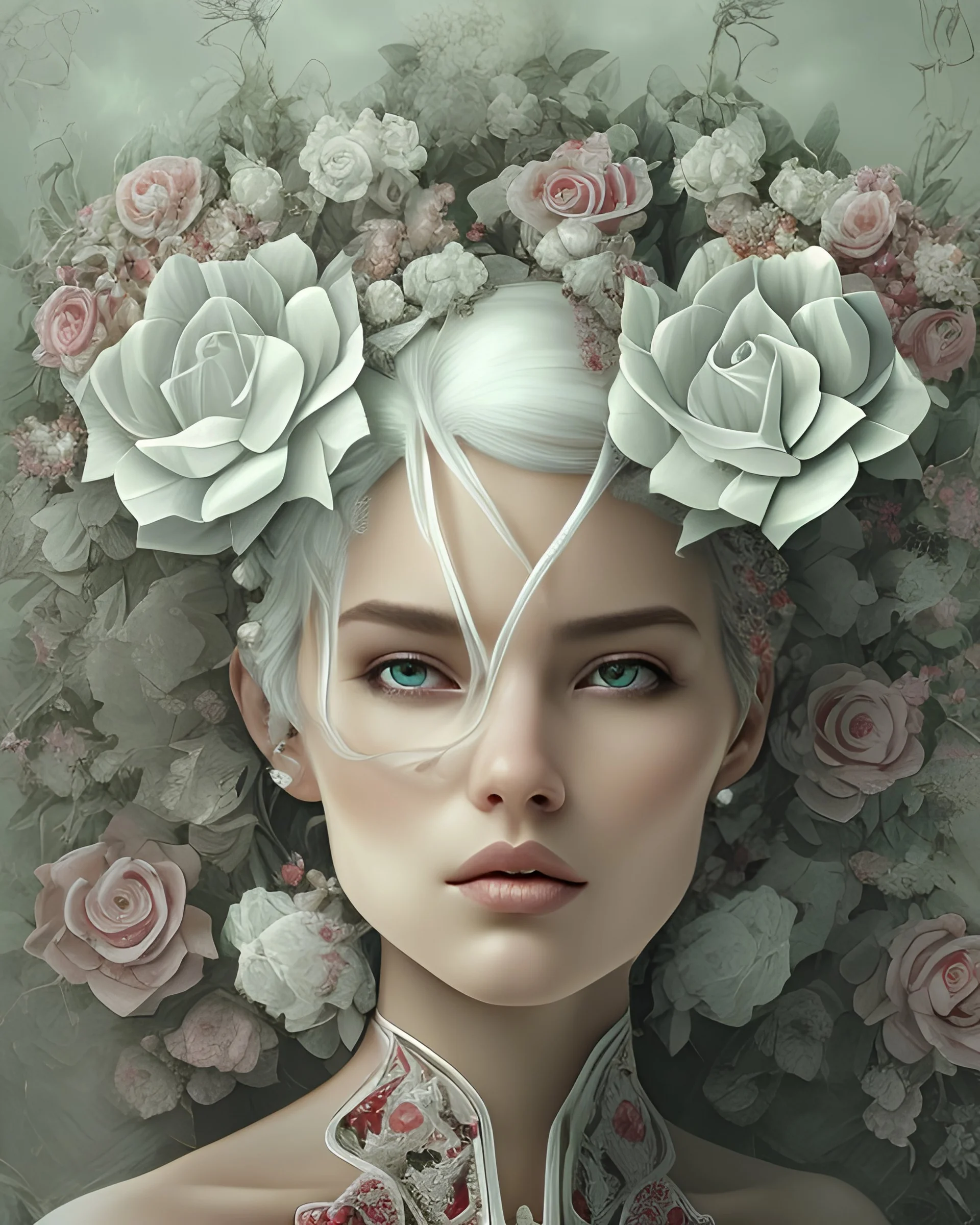 Ultra realistc woman in white dress with white hair. Around white and pink roses. White backgroung. An intricate detailed white 3D paper patchwork.