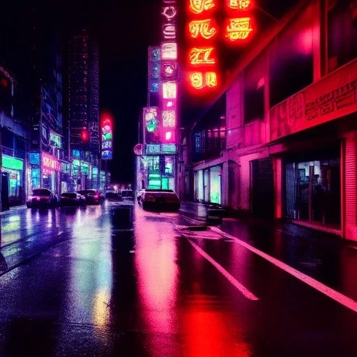 cyborg on wretched city street poignant cyberpunk neon lights rainy atmosphere night time