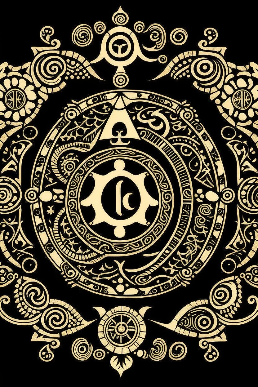 the Latin cross, aum letter, crescent and star, yin and yang, torii gate, khanda, star of david, dharma chakra all combined into one symbol