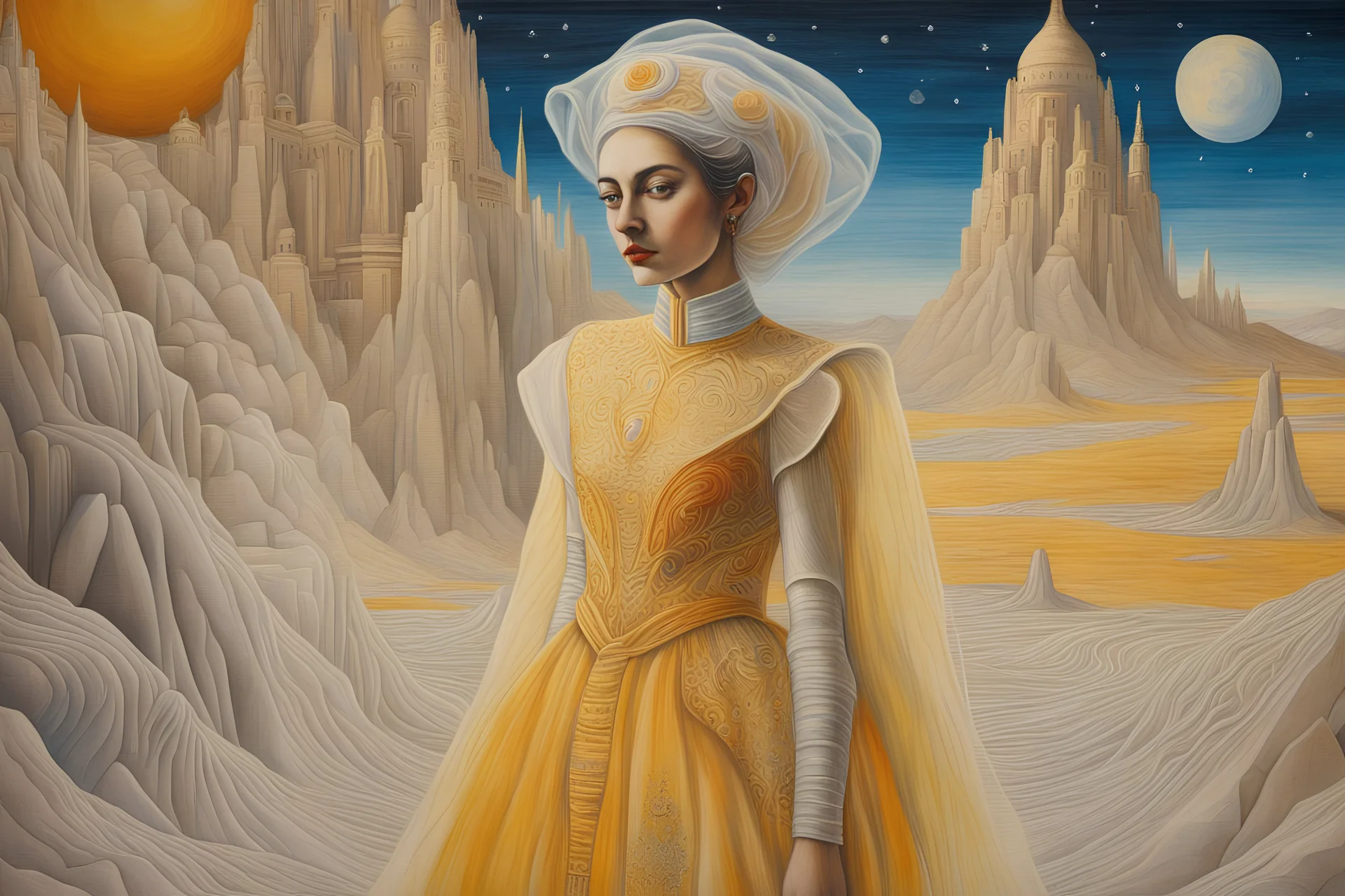 Armenian close-up Techno Fashion Avant-Garde sci-fi translucent embroidered futuristic Giorgio De Chirico Dreams beautiful Star Wars Princess Sisterhood soft Sparkle organza gown, Yellow, austrian symbolism, Capture thrilling epic Tolkien Rocky carved Misty Mars temple adventure, in undiscovered oil pastel painting by Remedios Varo