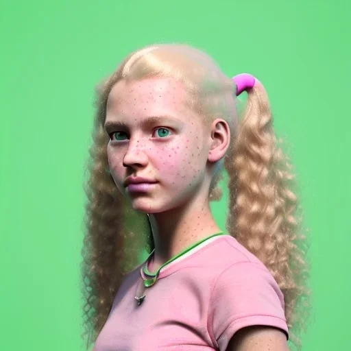 portrait of a teenager girl with blonde curly hair in a ponytail and green eyes chewing a bubblegum