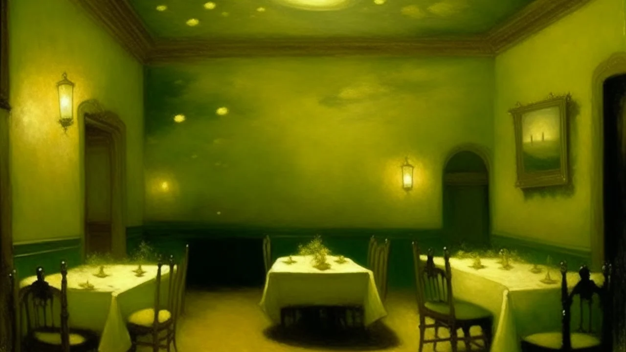 A pale greenish yellow starlight themed restaurant painted by Albert Pinkham Ryder