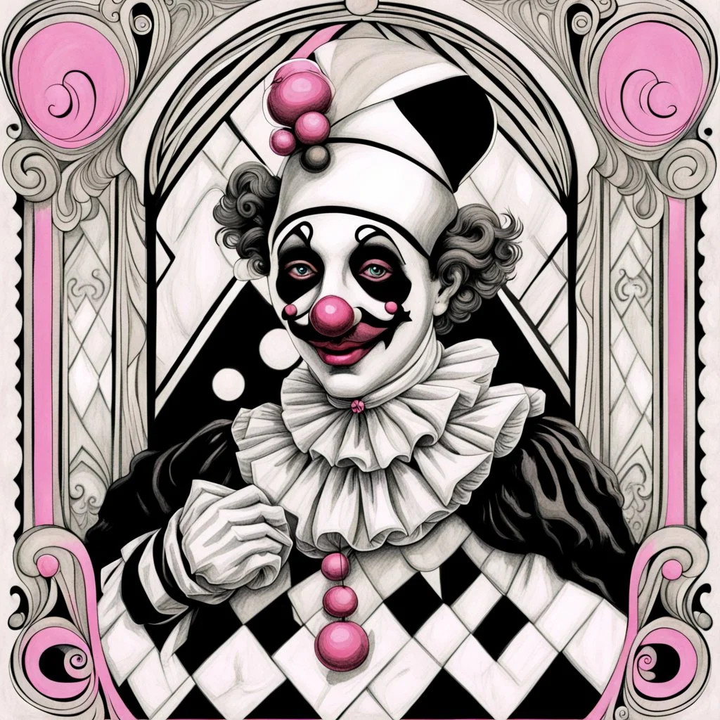 Storybook illustration of a Pierrot Clown, black and white with pink accents, Beardsely style, art nouveau elements, vintage drawing, pierrot vintage, black and white marble floor