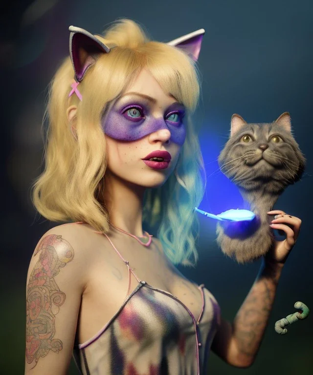 Ultra realistic photo, happy couple, blonde Alice woman and purple cat smoking a pipe, circus blue dress style, black headband with bow, old school body tattoo, smoke, marihuana garden, glow eyes, perfect iris, soft color, highly detailed, unreal engine 5, ray tracing, RTX, lumen lighting, ultra detail, volumetric lighting, high definition.