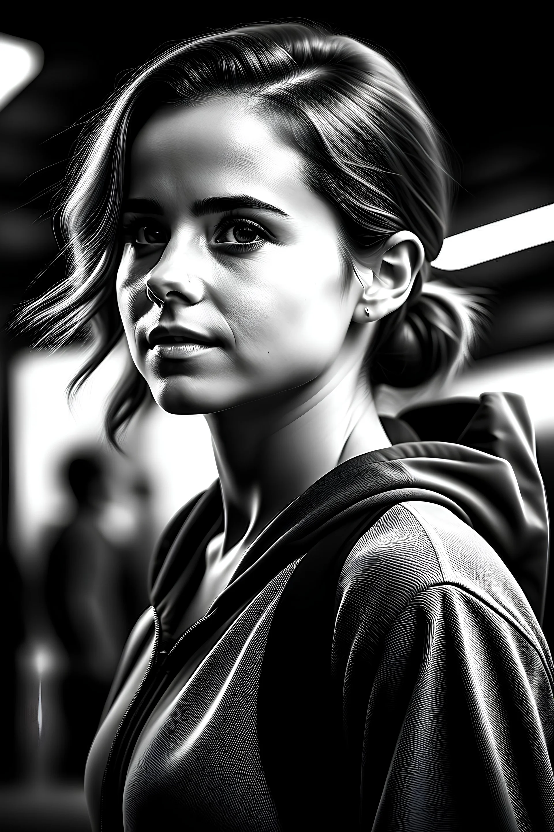 Digital art, high quality, digital masterpiece, natural illumination, spotlight, sunset, realistic, film style, beautiful, (full body:3), (1 beautiful young Emma Watson standing, wearing a Tracksuit:3), (cute femenine face:1.8), (sexy eyes:1.6), pale skin, (Black and White Tracksuit1.5), (dark brown hair:1.8), (London Bride at background:1.8), (Modern London:2)