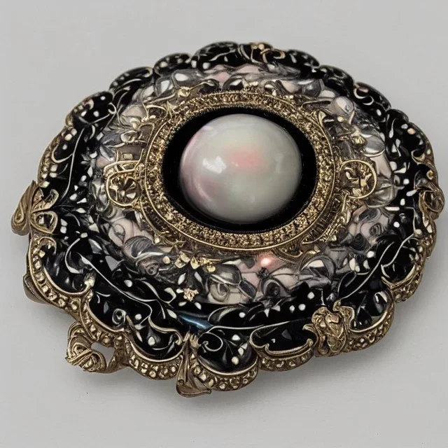 rose ivory brooch with black pearl inlay, opalescent marble carving, decorative design, classical ornament, highly ornate, highly intricate, highly detailed etching, marble carving, warm lighting, linen backdrop