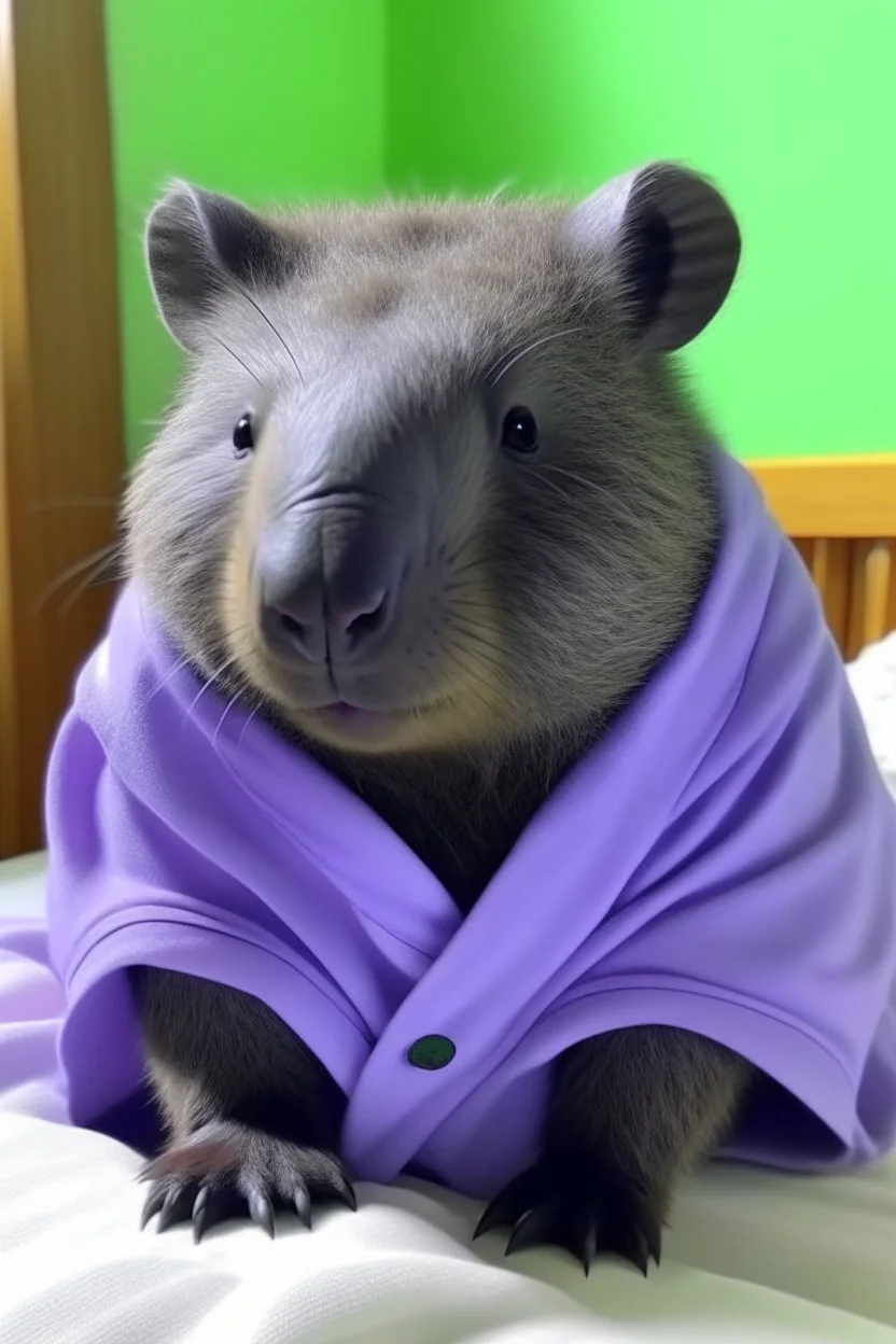 Wombat in purple hospital gown, cute