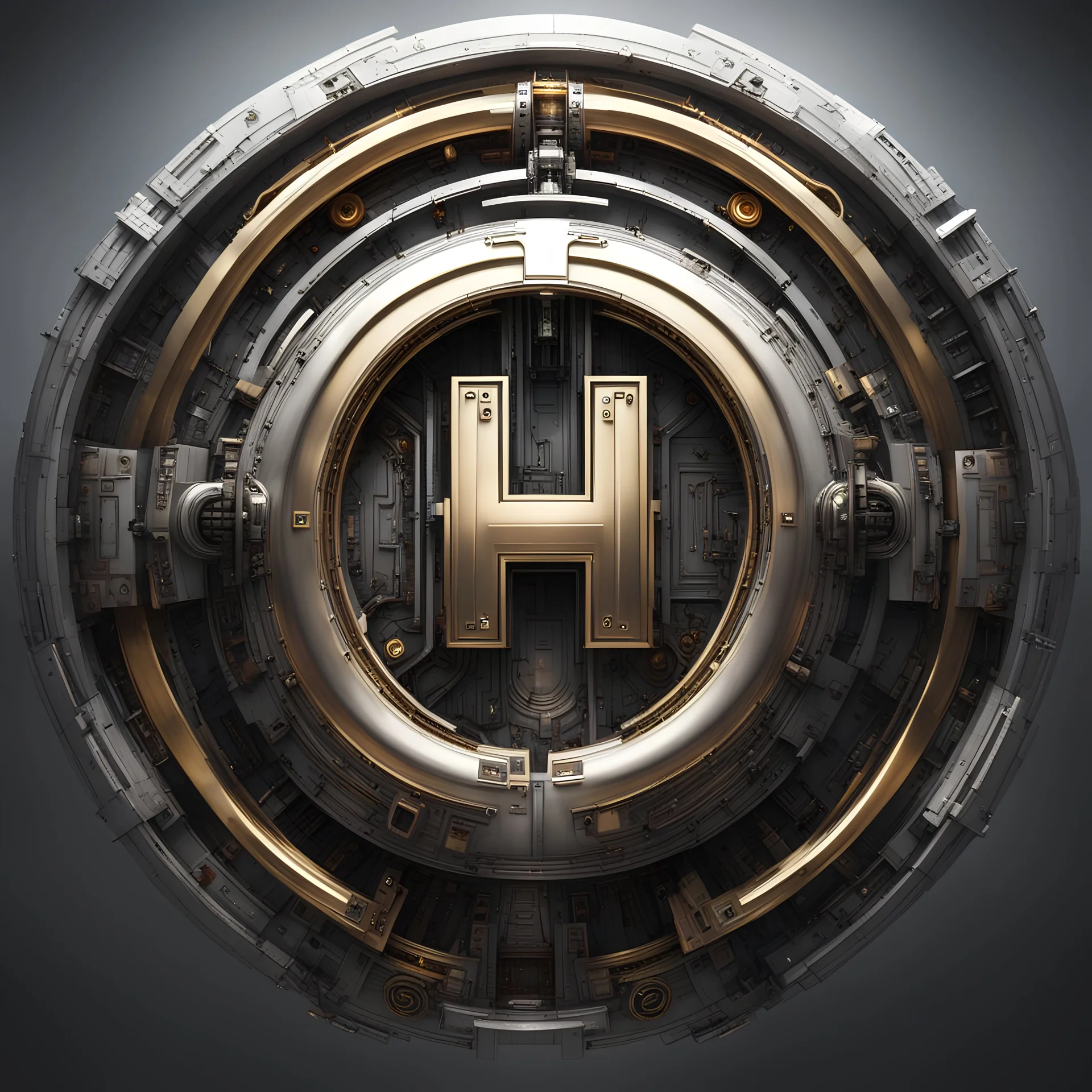 create me a large, centered letter H encased in a thin round, ornate golden ring. metallic,silver accents can be used. mechanical futuristic space cyberpunk style. extra electrical and pneumatic details, robot arms, laserguns. think dyson sphere, warp core, plasma couplings, the side of a spaceship. background should be black. make the H bigger.