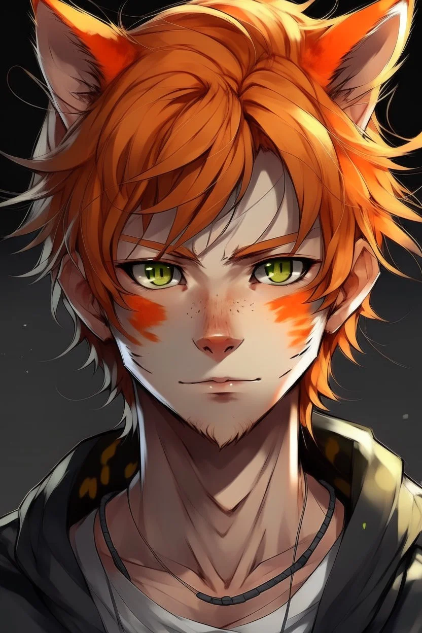 A young adult male human, cat ears, orange messy hair anime realistic tiger stripes