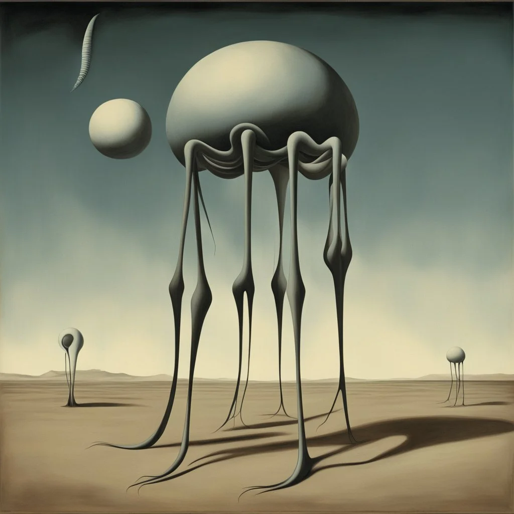 Enhanced surrealism, revisionist histories of downloadable nightmare creature contrivances, by Desmond Morris and Kay Sage and Dan Mahurin, mind-bending surreal image, classic and novel surreal elements, long legs, too many legs, complex contrast, dynamic composition