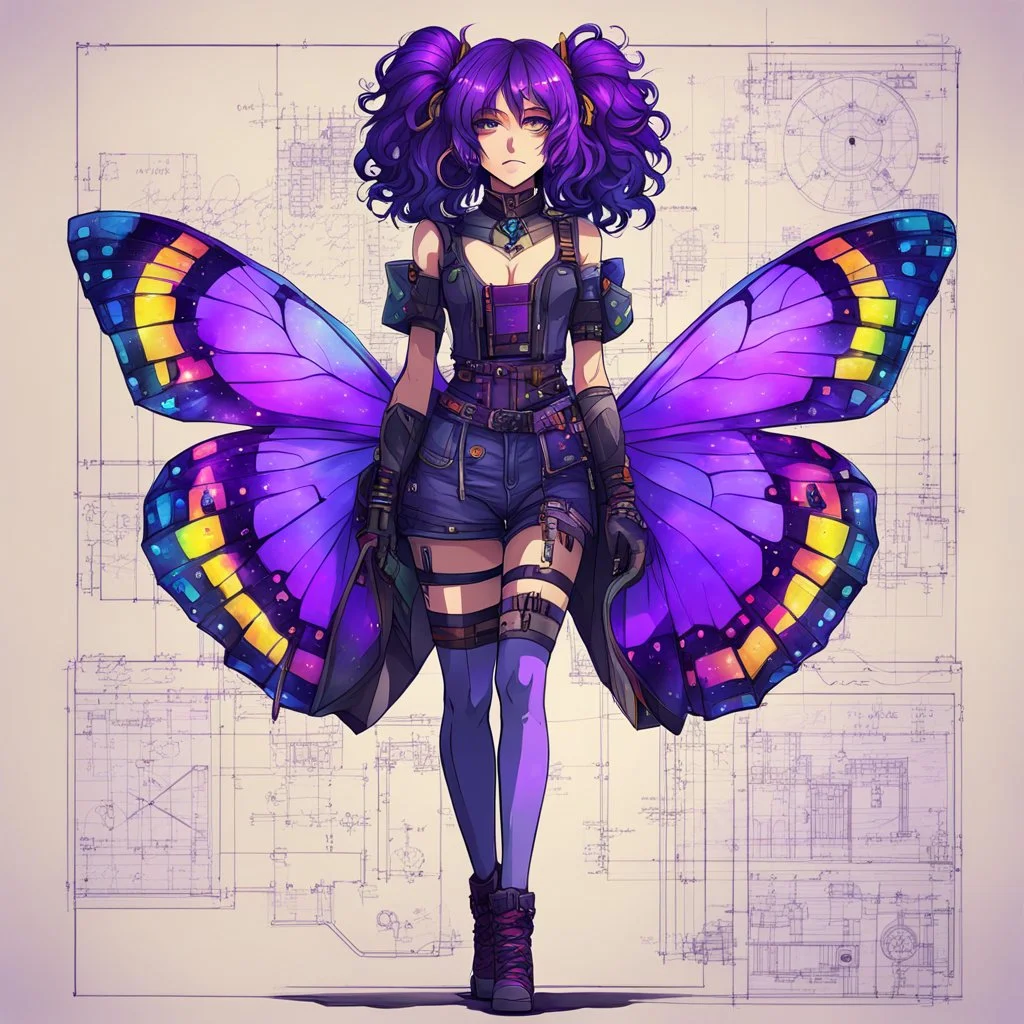 Hand drawn technical,full body portrait illustration , with detailed blueprints and engineering schematics of a walking hybrid Madagascan sunset moth insect girl, purple hair, in anime style, with highly detailed facial features, drawings, and technical notation, 8k, vibrant natural colors