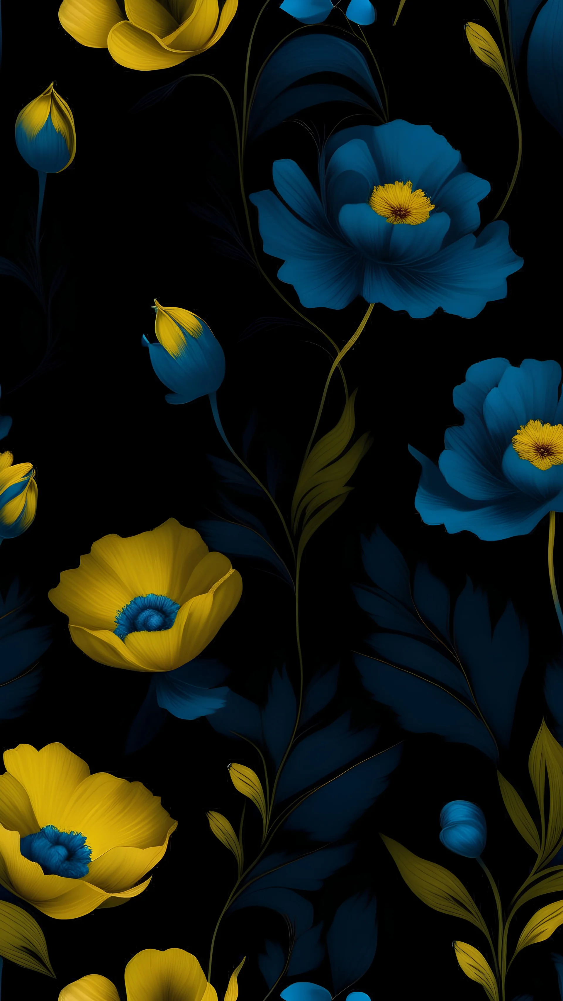 a dark wallpaper with 2 blue and yellow blooms