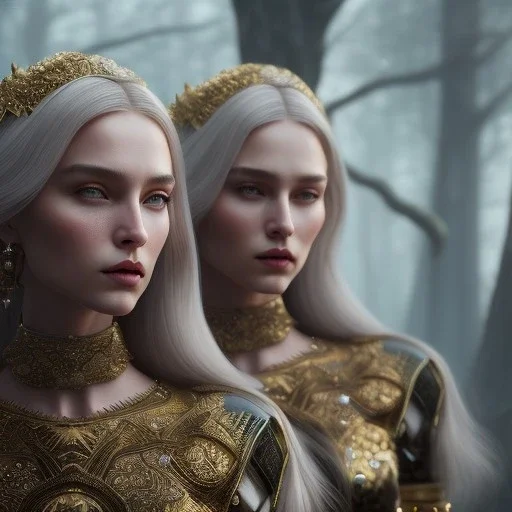 portrait of the stygian witches, twins, ultra-realistic, highly detailed, masterpiece, delicate detailed, sharp focus, insanely detailed, fantasy art, intricate detailed, elegant, fog, Special Lighting, Vibrant, color Scheme, forest, unreal engine 5, trending on artstation