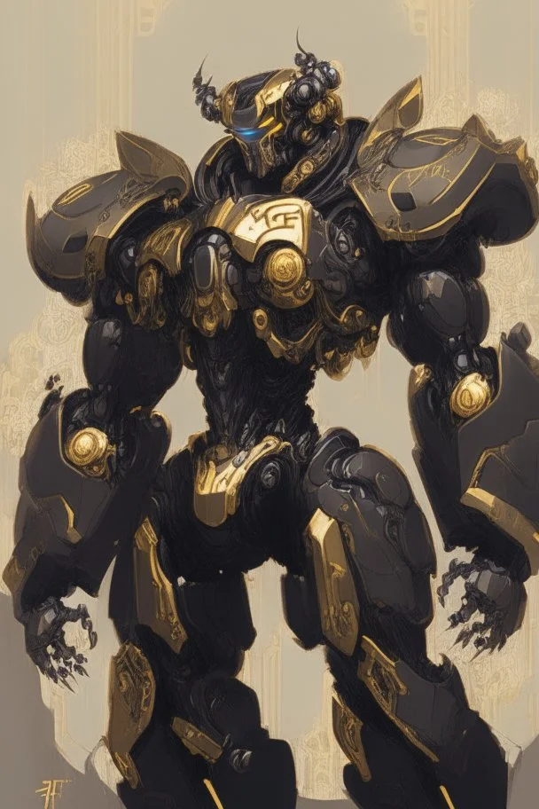 black mecha with golden ornaments, comic style